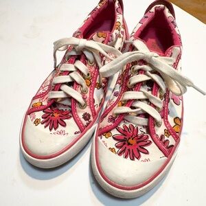 Coach Barrett Poppy pink and white floral canvas sneakers gold  hardware. 7.5